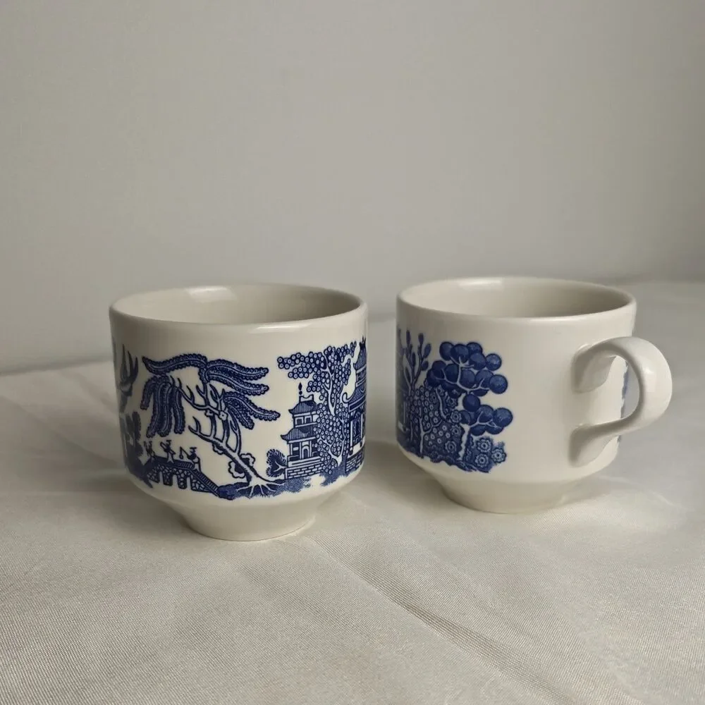 2 Vintage CHURCHILL England cobalt Blue Tea Coffee Cups asian Japan inspired